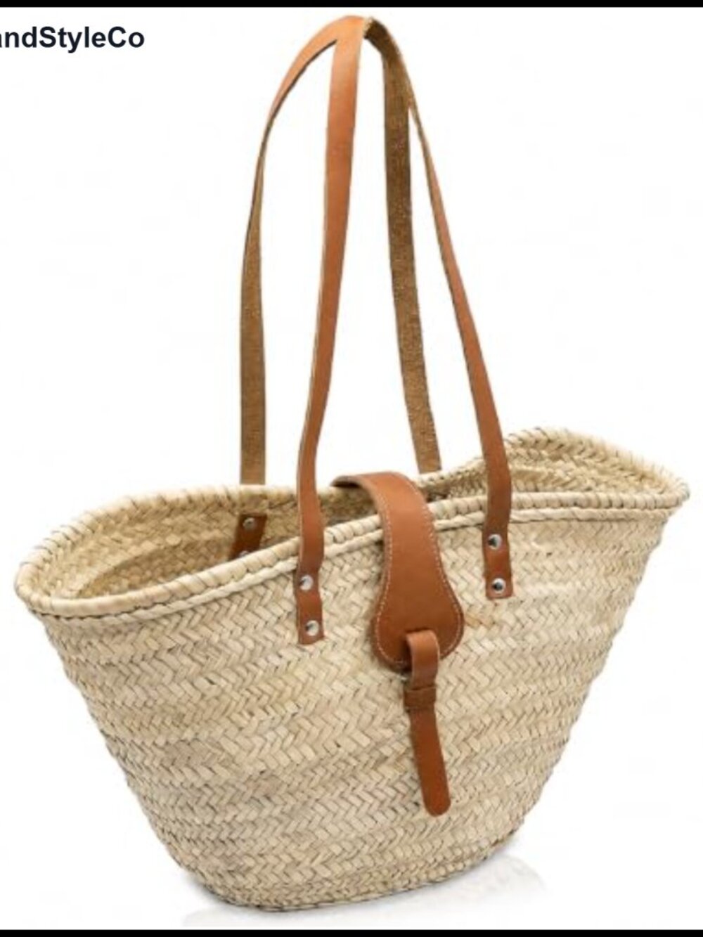 French Basket Straw Beach Tote Bag with Leather Handles, Canvas Pouch & Zip